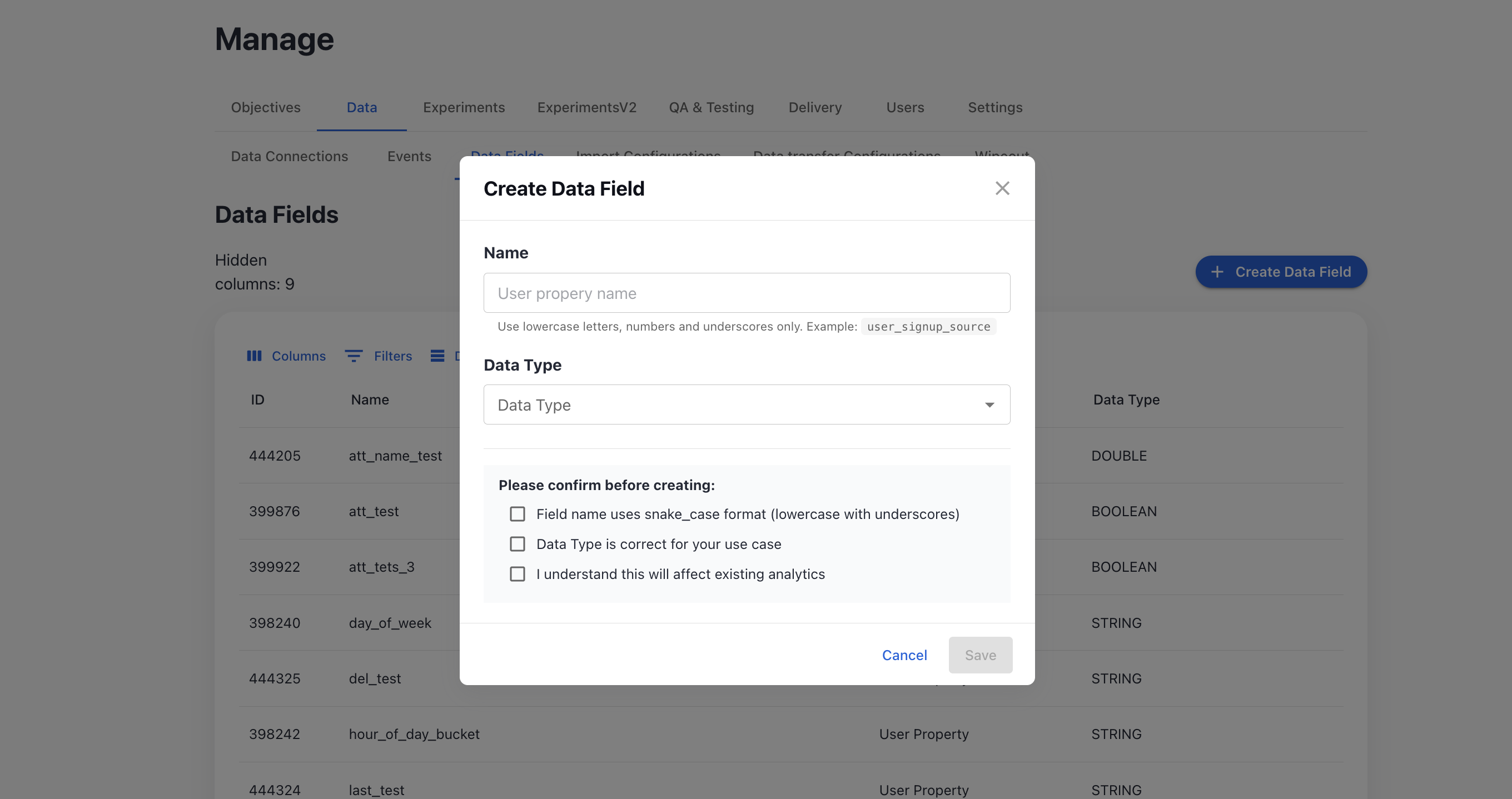 Create Data Field Dialog Box