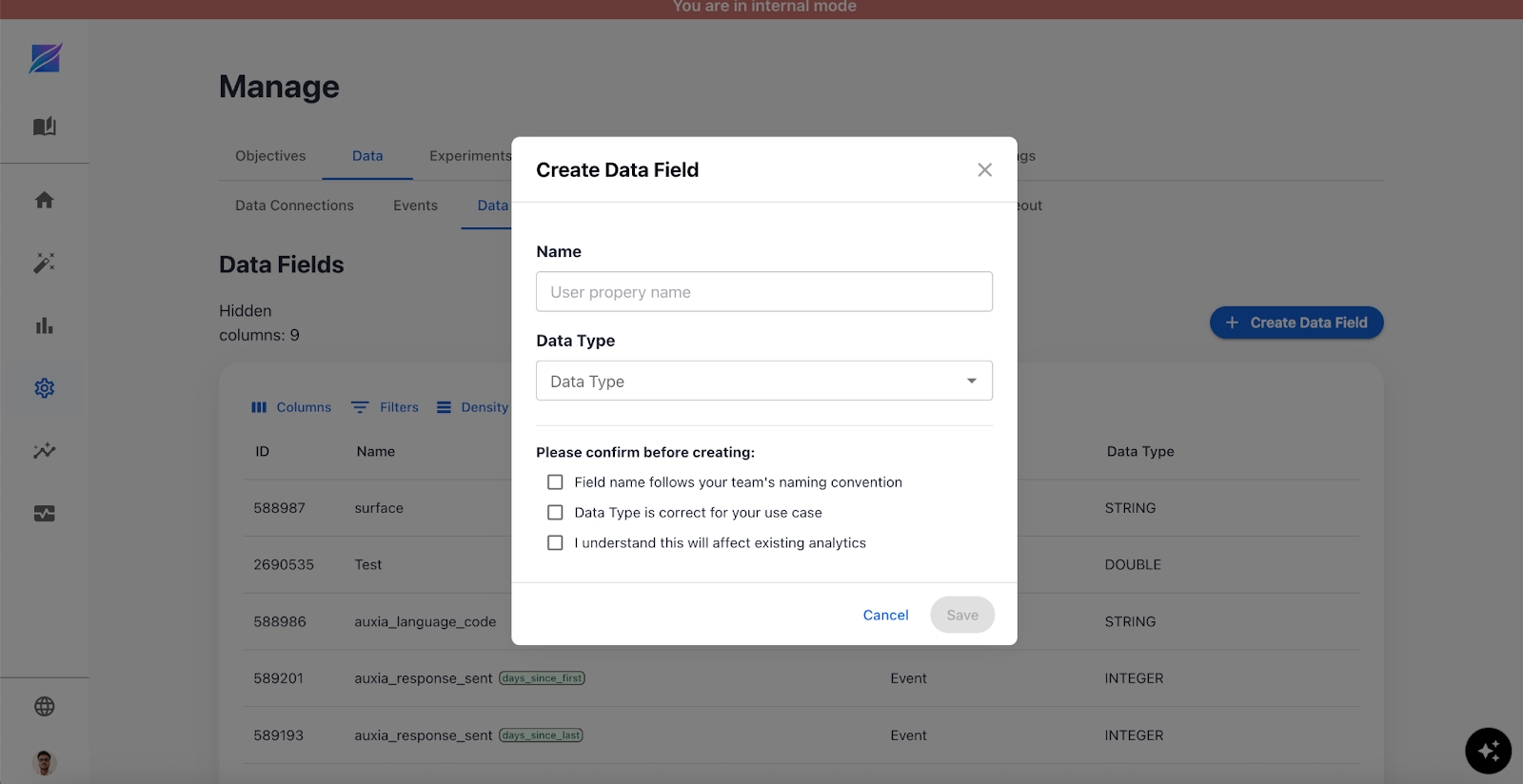 Create Data Field Dialog Box