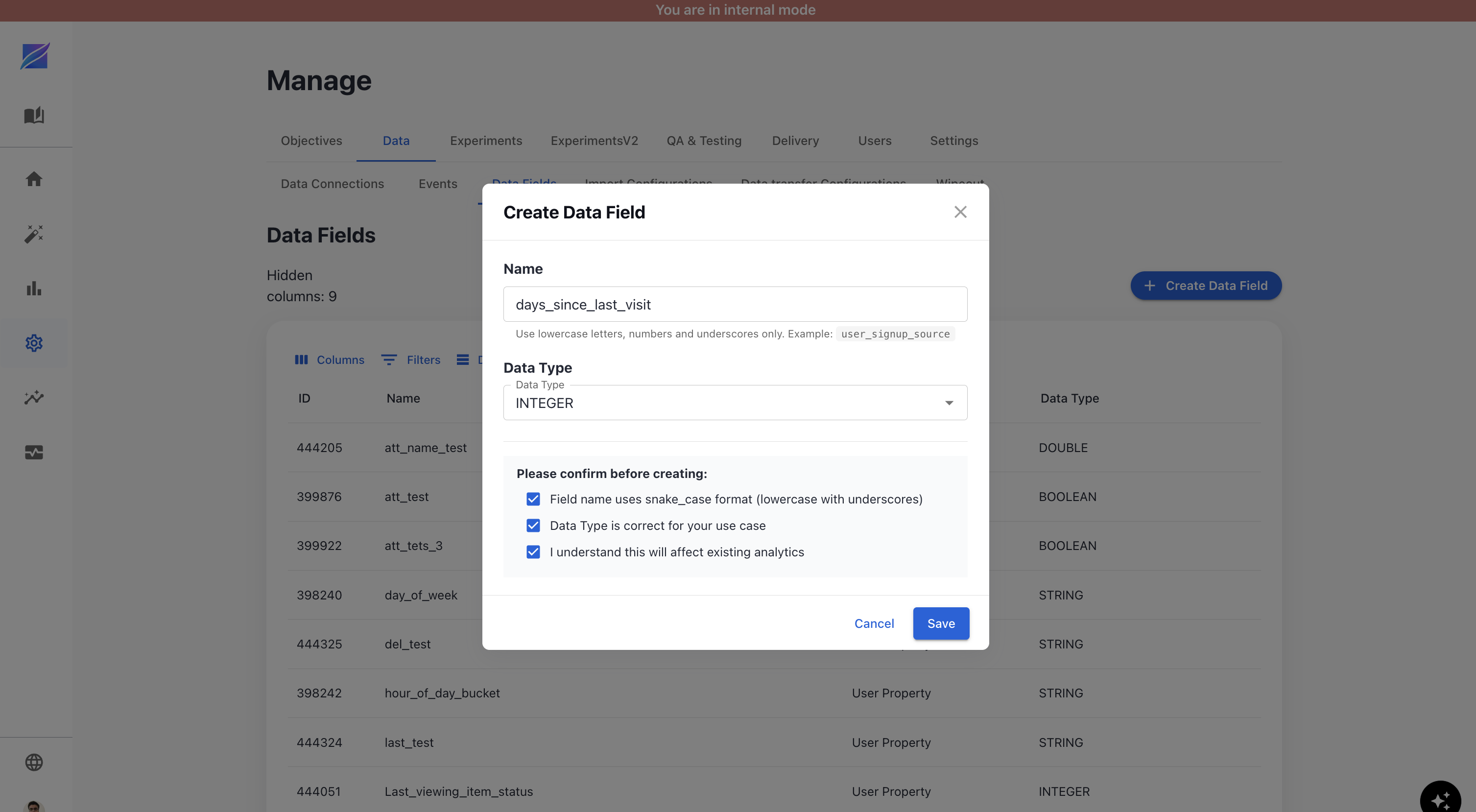 Filled Create Data Field Dialog Form