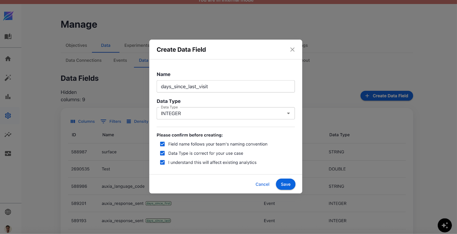 Filled Create Data Field Dialog Form