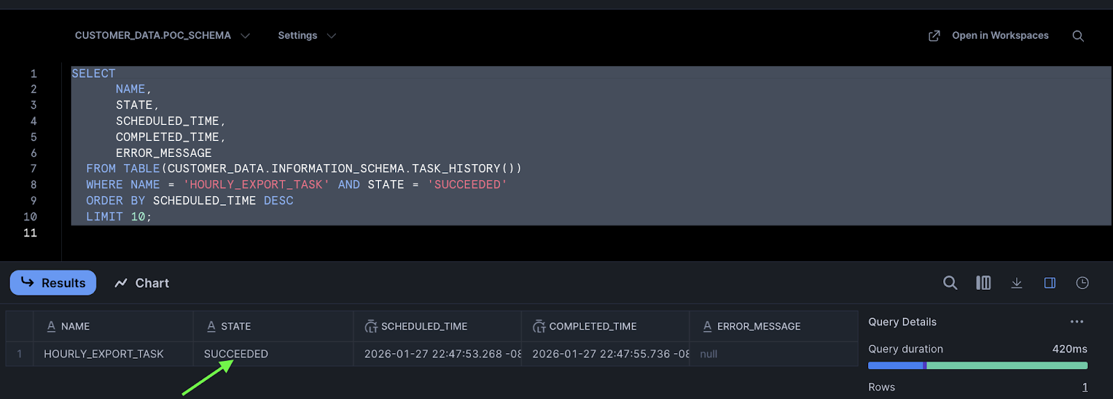 Task history with SUCCEEDED state