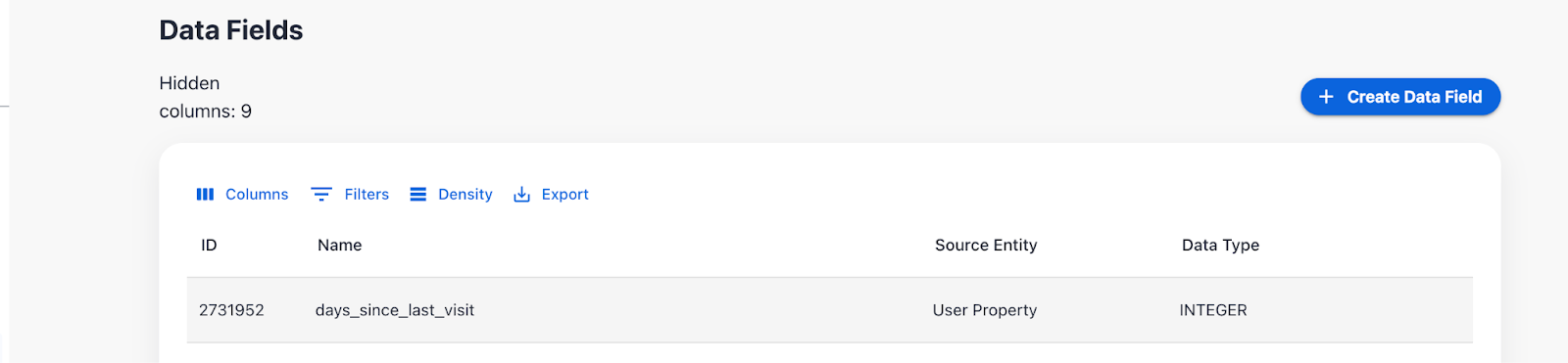 Newly Created Data Field in the Data Fields Table