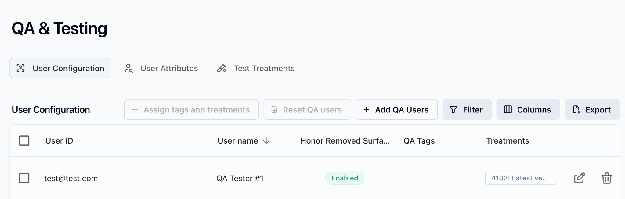 QA User Configuration page