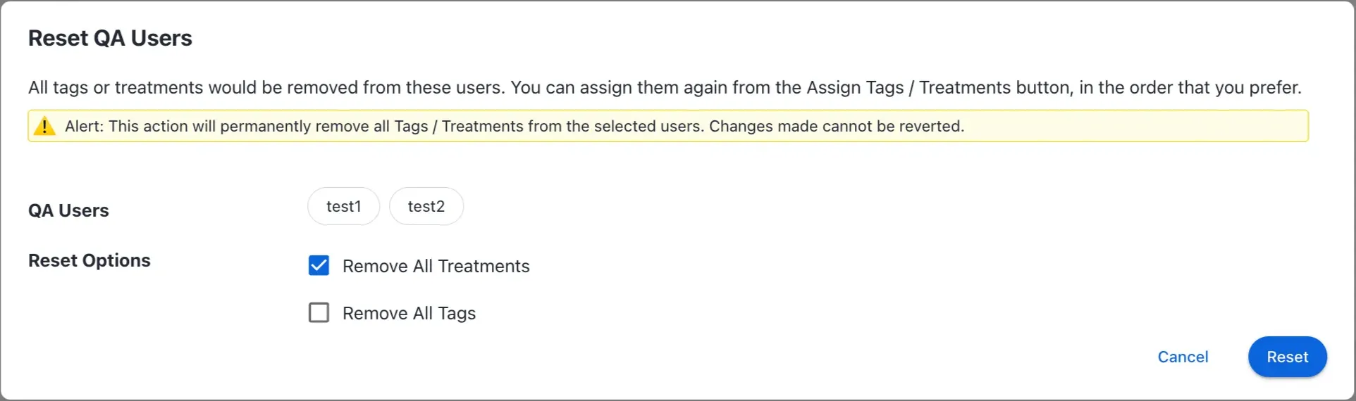 Reset options