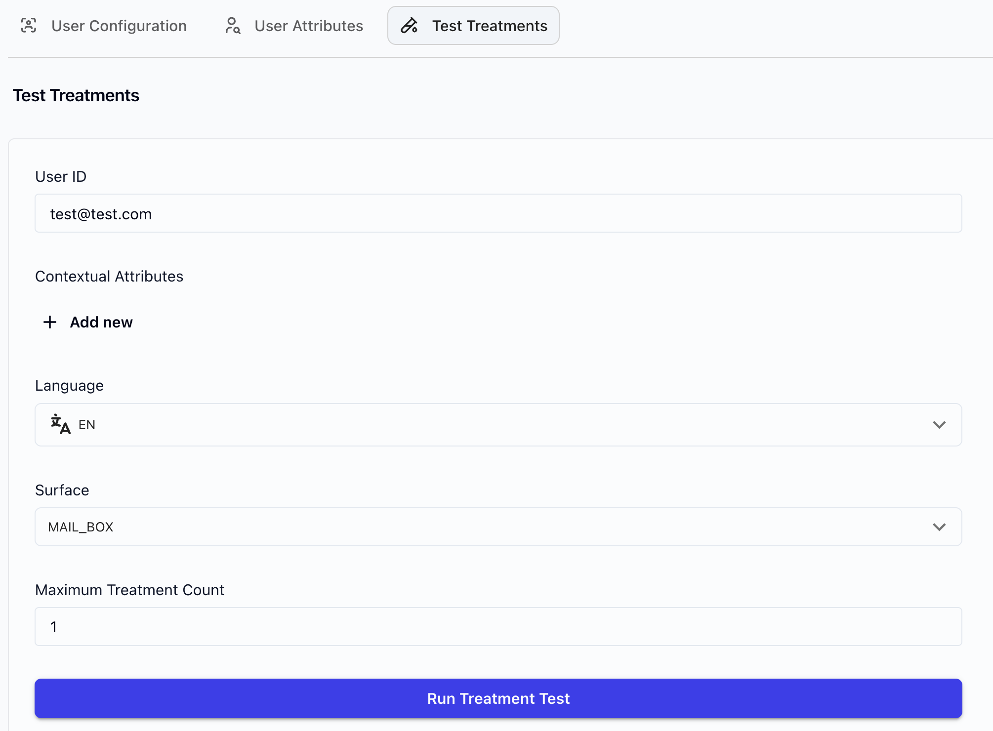 Test Treatments page