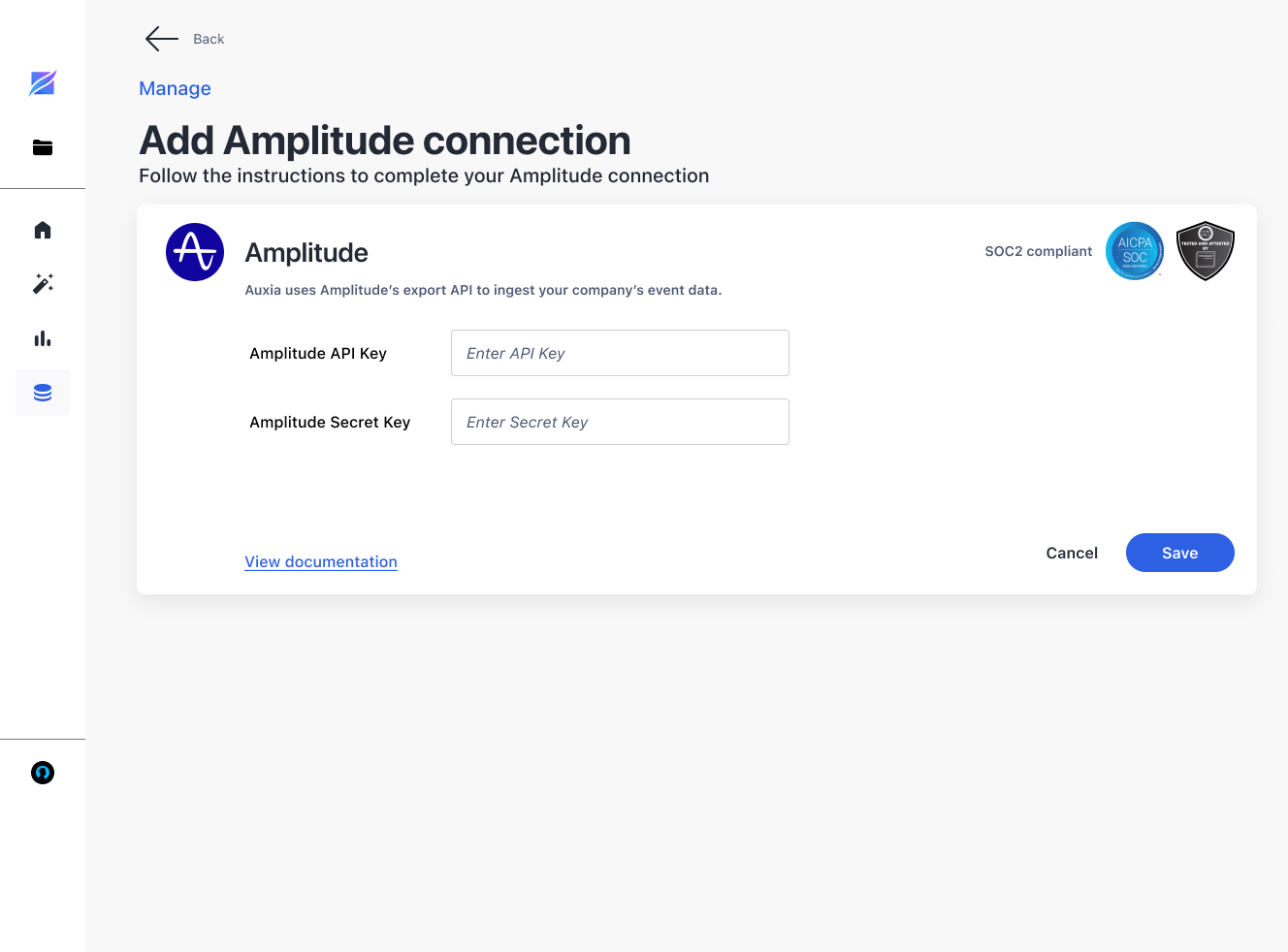 Add Amplitude connection in Auxia console