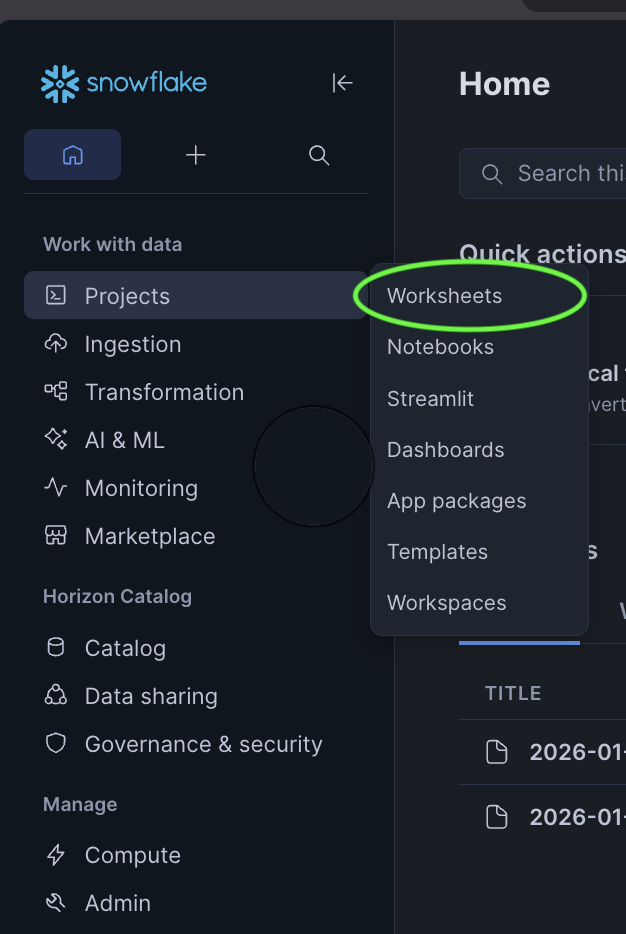 Snowflake left nav — Projects → Worksheets