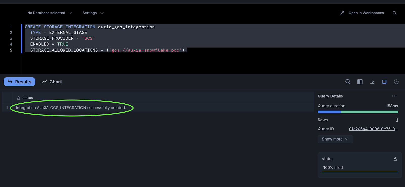 Successful storage integration creation